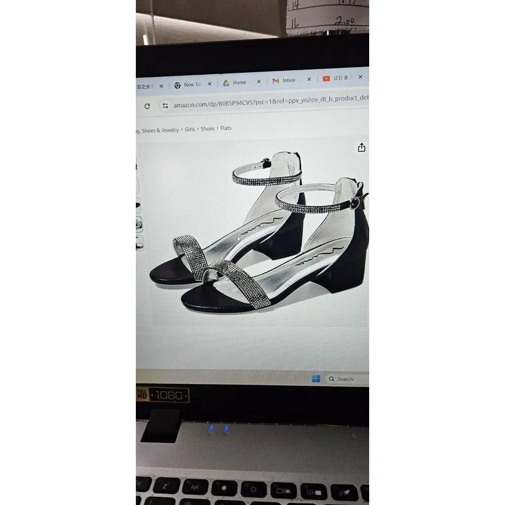 NINA Girl's Valetta Black Shimmer ankle strap‎ sandals Big Kid 5M